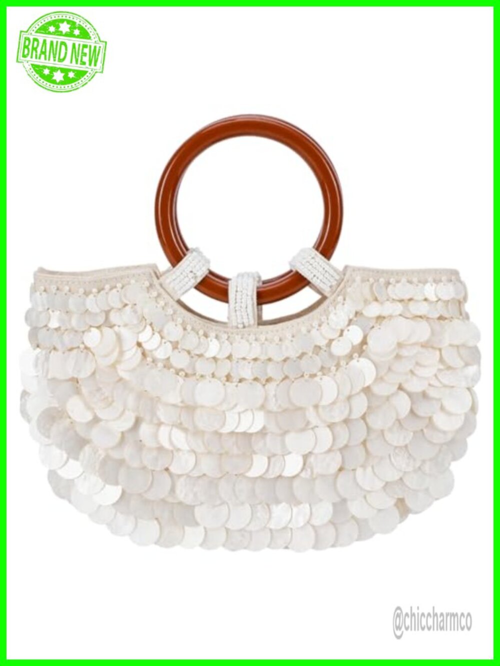 Handmade Seashell Beaded Clutch Wooden Top Handle Boho Beach Evening Bag
